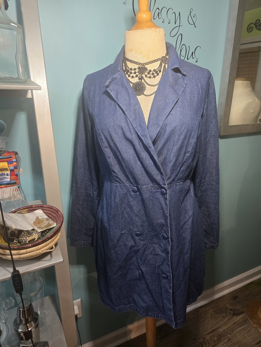 Classic Blue Denim Trench Coat - Women's Jacket
